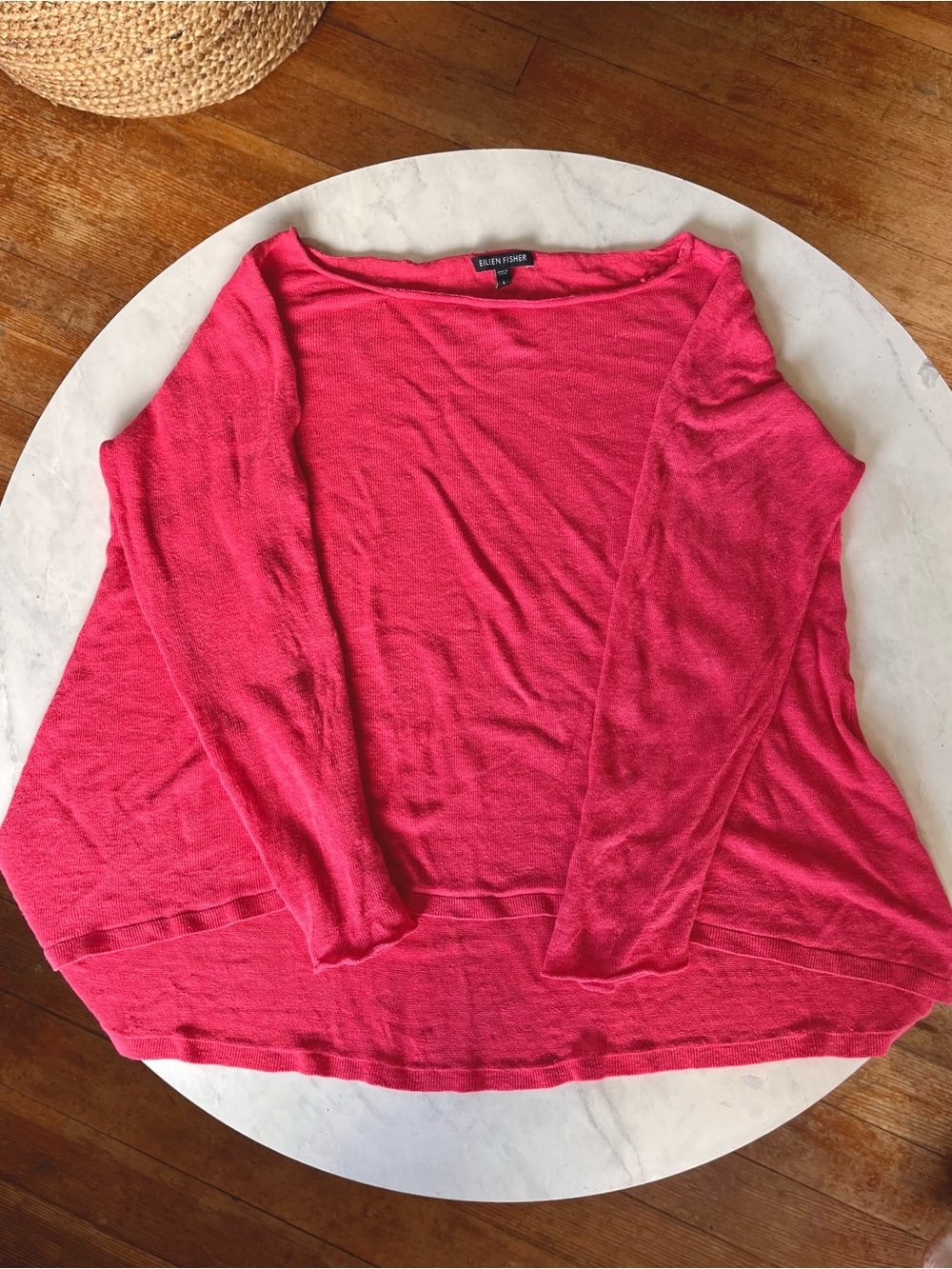 Eileen Fisher 100% Linen Bright Coral-Pink Boatneck Long-Sleeve Top